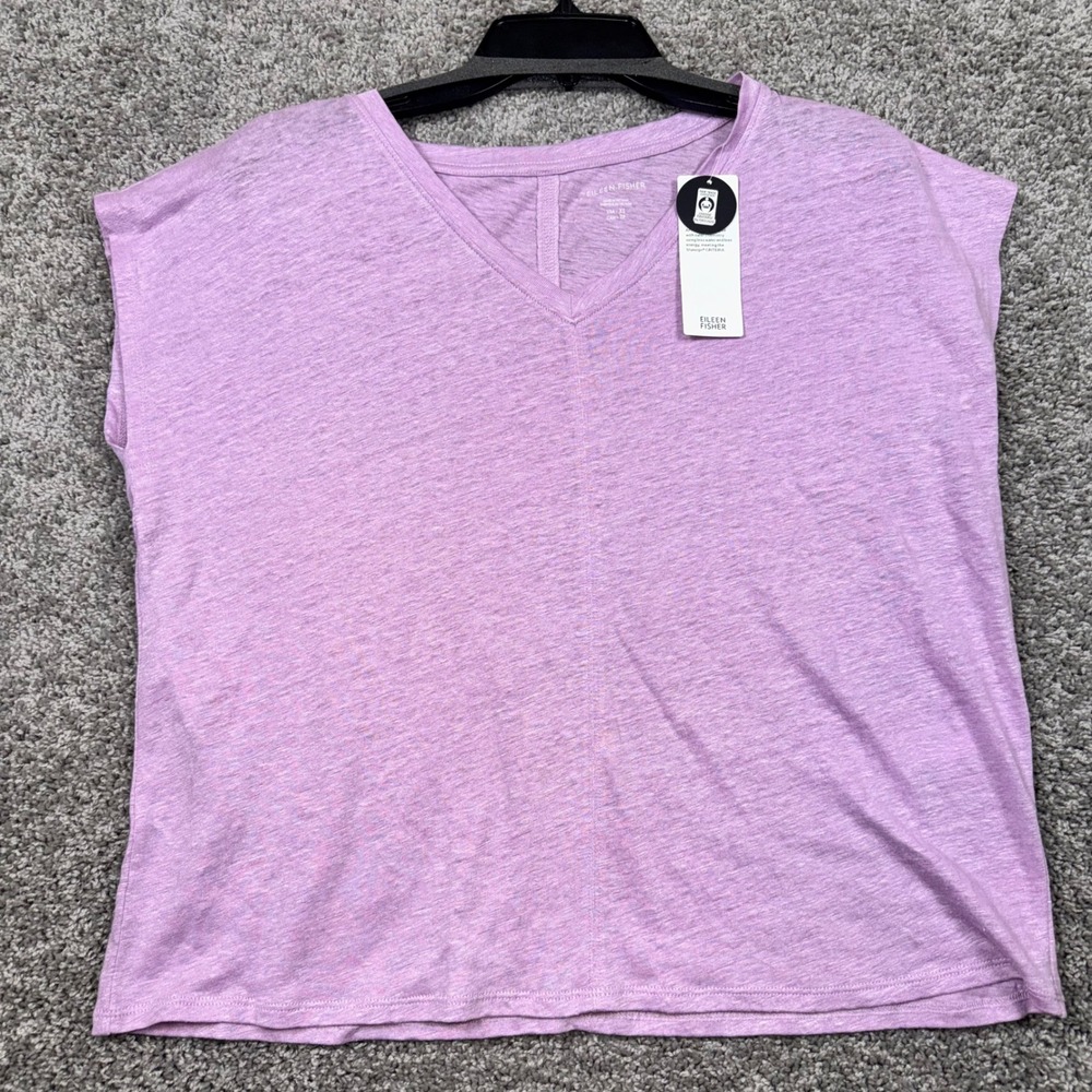 Eileen Fisher V-Neck Square Tee Womens Organic Linen Lavender XS NEW